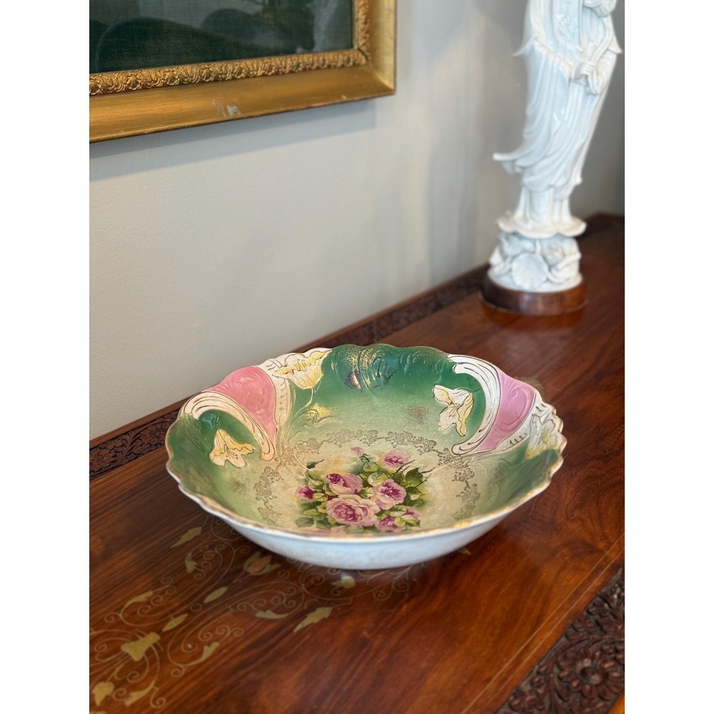 Antique Buffalo Pottery Floral Art‎ Nouveau Bowl 11" Hand Painted Roses